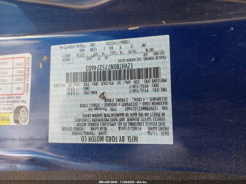 2007 Ford Mustang V6 Deluxe/V6 Premium VIN: 1ZVHT80N775274603 Lot: 43818549