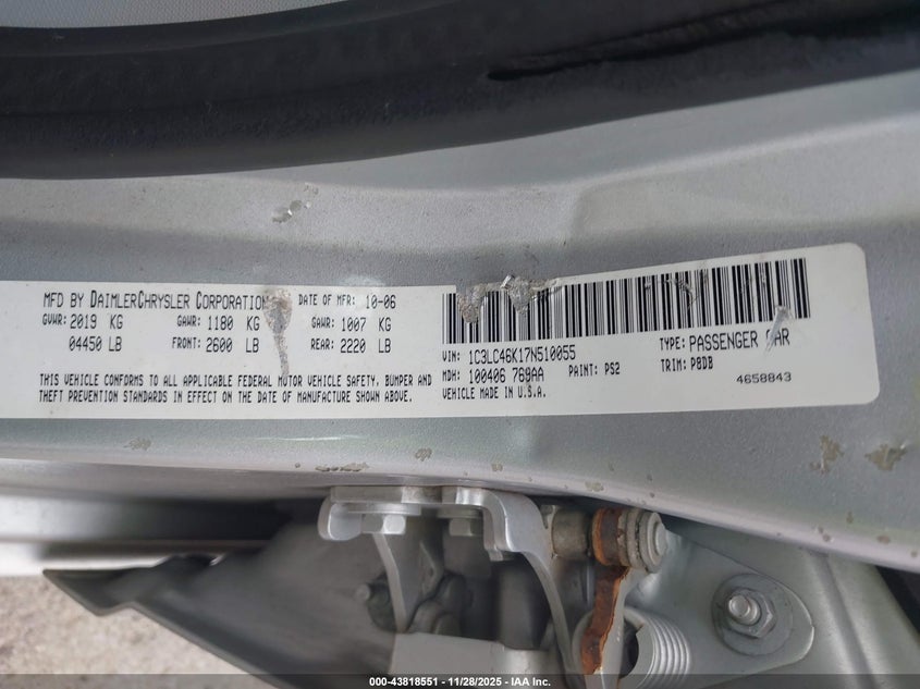 2007 Chrysler Sebring VIN: 1C3LC46K17N510055 Lot: 43818551