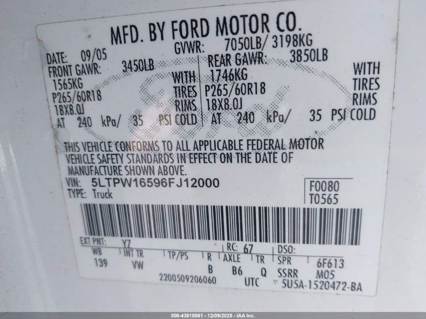 2006 Lincoln Mark Lt VIN: 5LTPW16596FJ12000 Lot: 43818561