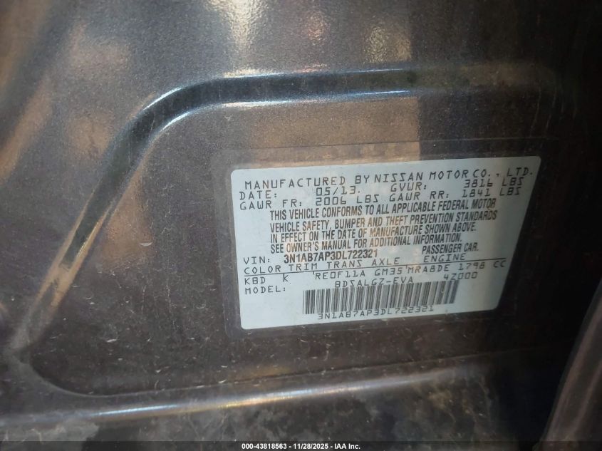 2013 Nissan Sentra Sl VIN: 3N1AB7AP3DL722321 Lot: 43818563