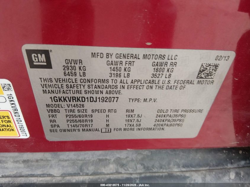 2013 GMC Acadia Slt-1 VIN: 1GKKVRKD1DJ192077 Lot: 43818575