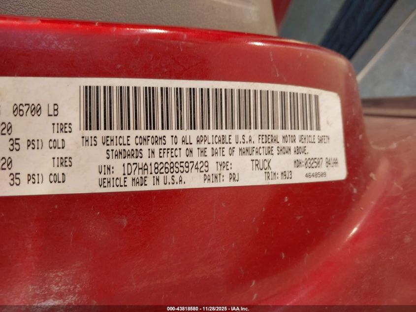 2008 Dodge Ram 1500 Slt VIN: 1D7HA18268S597429 Lot: 43818580