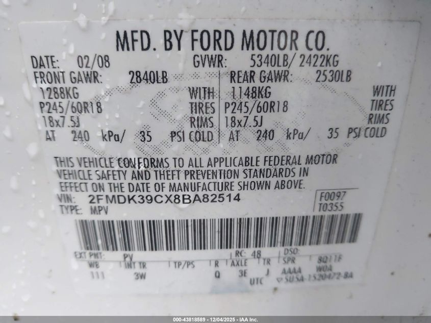 2008 Ford Edge Limited VIN: 2FMDK39CX8BA82514 Lot: 43818589