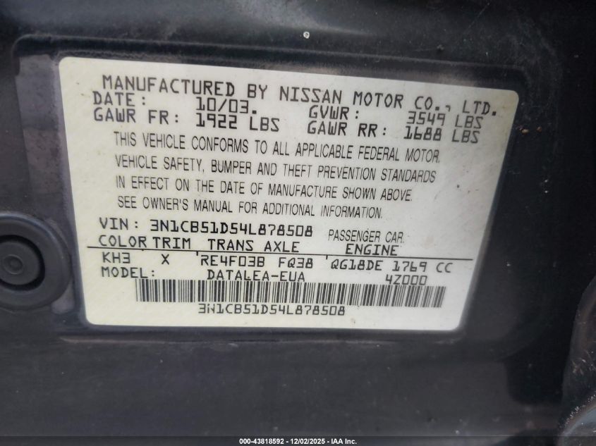 2004 Nissan Sentra 1.8S VIN: 3N1CB51D54L878508 Lot: 43818592