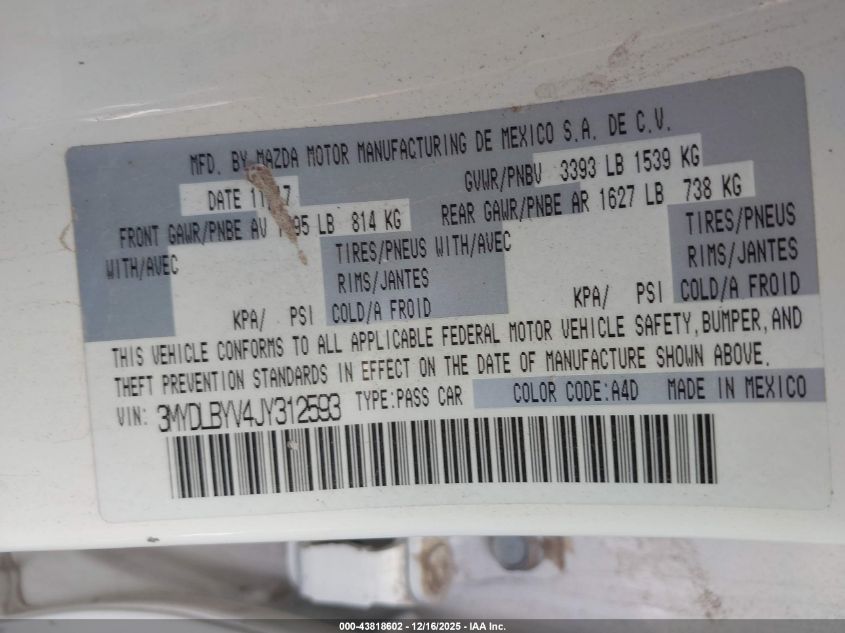 2018 Toyota Yaris Ia VIN: 3MYDLBYV4JY312593 Lot: 43818602