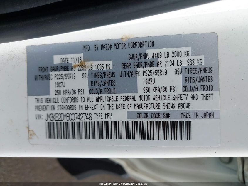 2016 Mazda Cx-5 Grand Touring VIN: JM3KE2DY6G0742748 Lot: 43818603