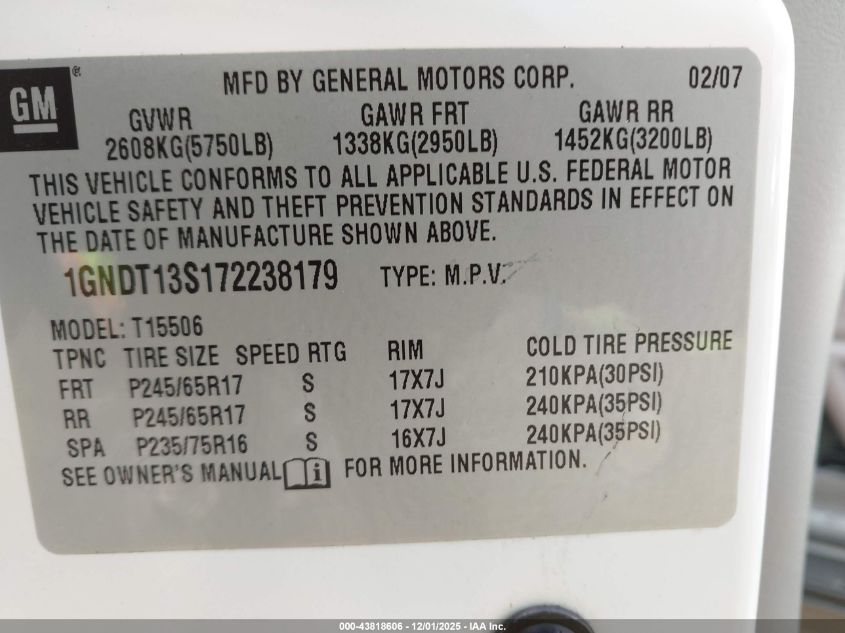 2007 Chevrolet Trailblazer Ls VIN: 1GNDT13S172238179 Lot: 43818606