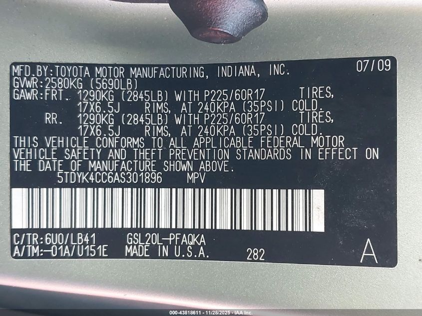 2010 Toyota Sienna Xle VIN: 5TDYK4CC6AS301896 Lot: 43818611