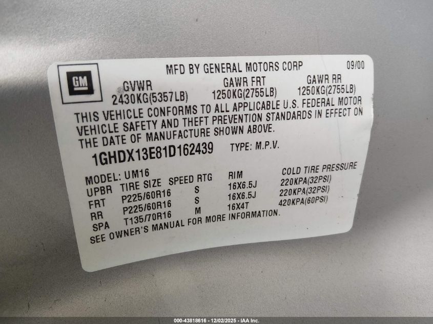 2001 Oldsmobile Silhouette Premiere VIN: 1GHDX13E81D162439 Lot: 43818616