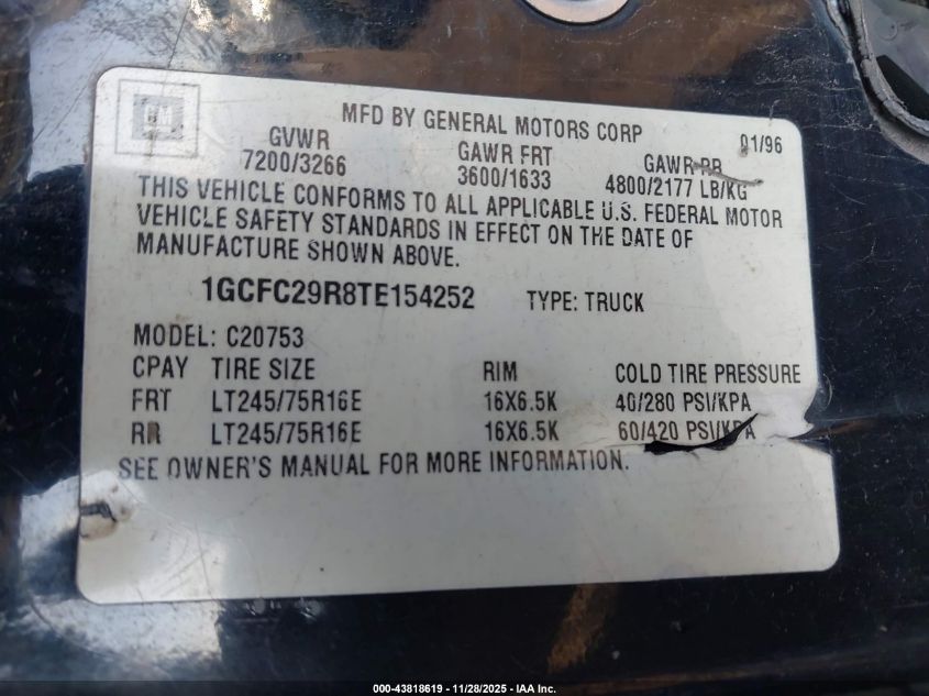 1996 Chevrolet Gmt-400 C2500 VIN: 1GCFC29R8TE154252 Lot: 43818619
