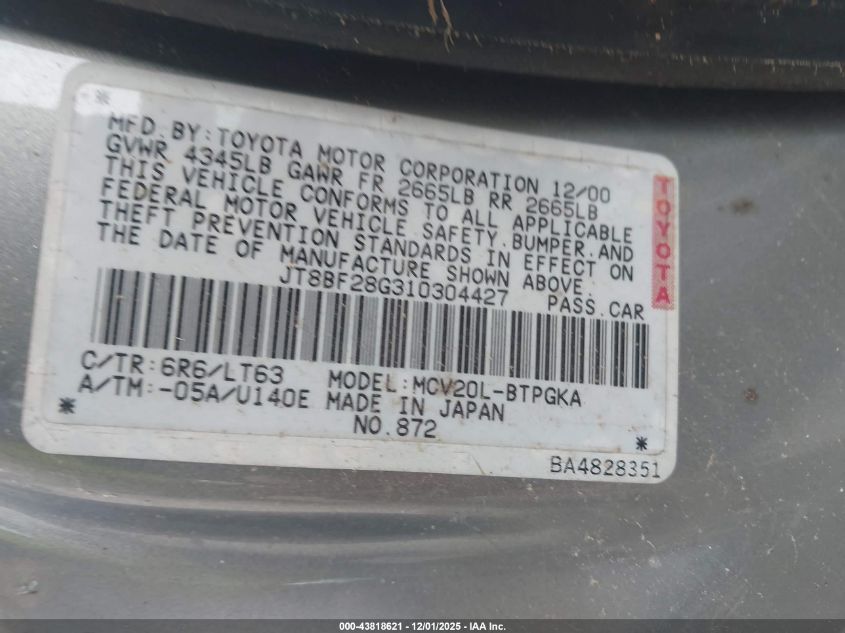 2001 Lexus Es 300 VIN: JT8BF28G310304427 Lot: 43818621