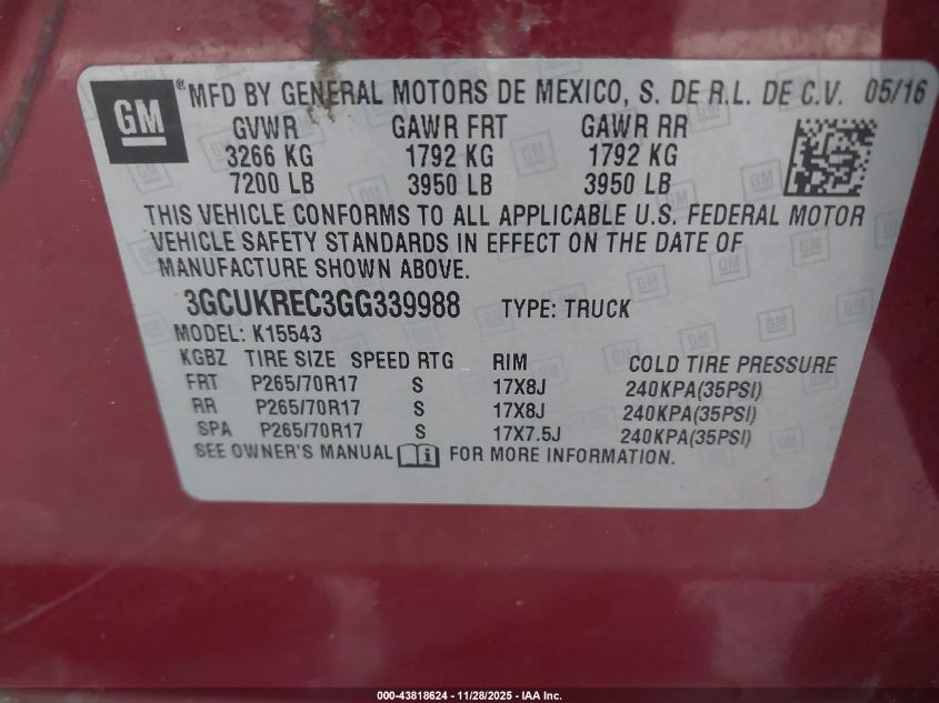 2016 Chevrolet Silverado 1500 1Lt VIN: 3GCUKREC3GG339988 Lot: 43818624