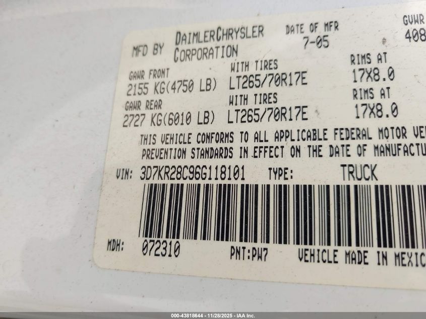 2006 Dodge Ram 2500 Slt/Sport VIN: 3D7KR28C96G118101 Lot: 43818644
