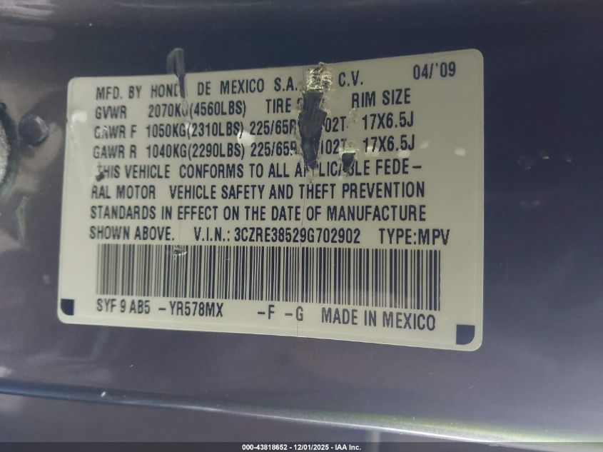 2009 Honda Cr-V Ex VIN: 3CZRE38529G702902 Lot: 43818652