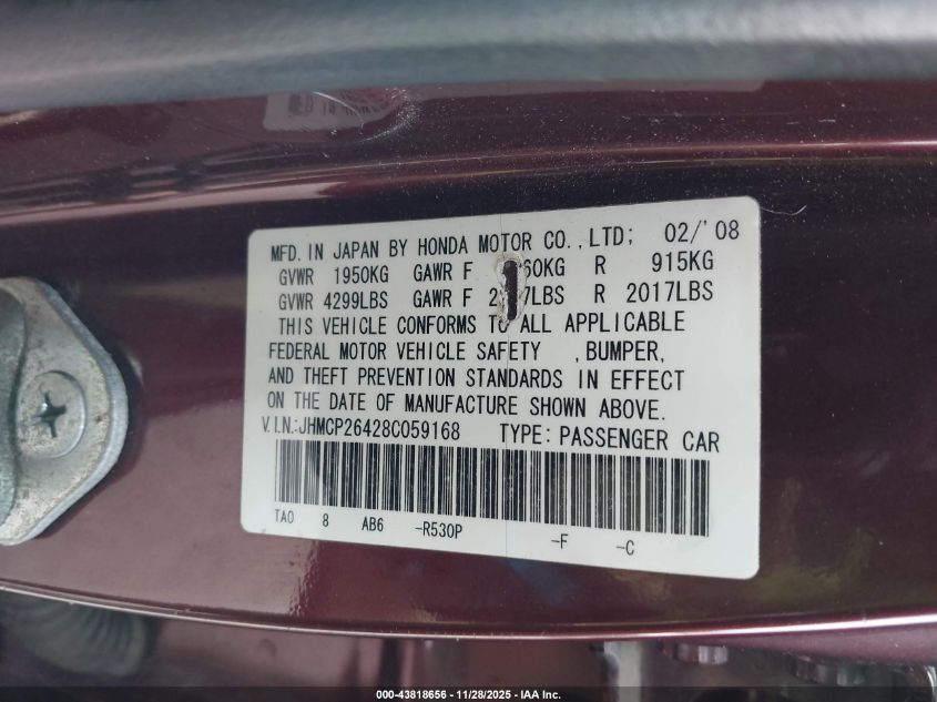 2008 Honda Accord 2.4 Lx-P VIN: JHMCP26428C059168 Lot: 43818656