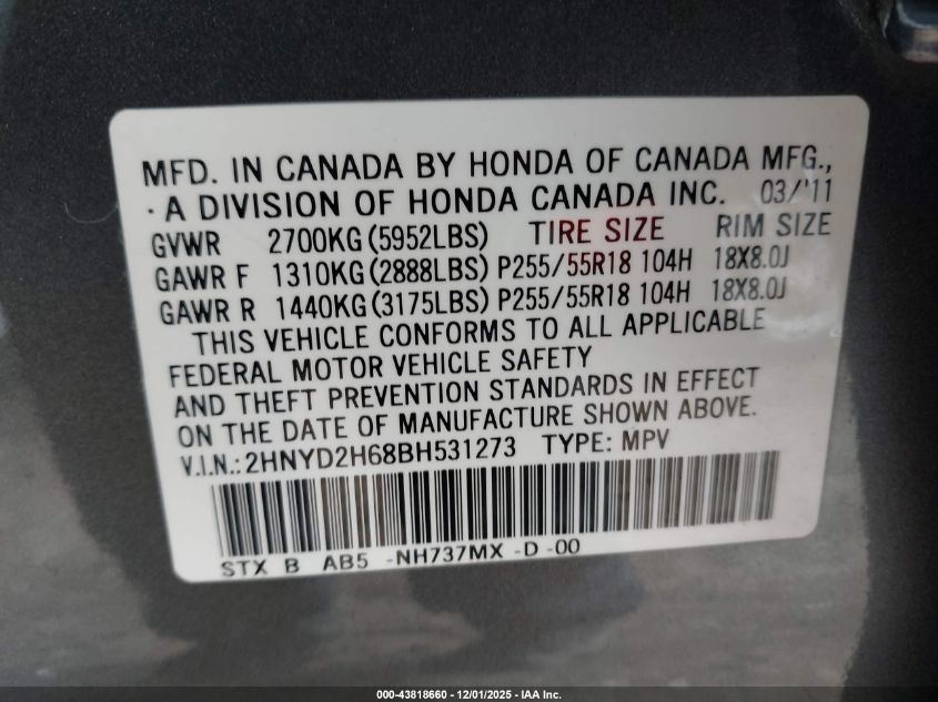 2011 Acura Mdx VIN: 02HNY2H68BH531273 Lot: 43818660