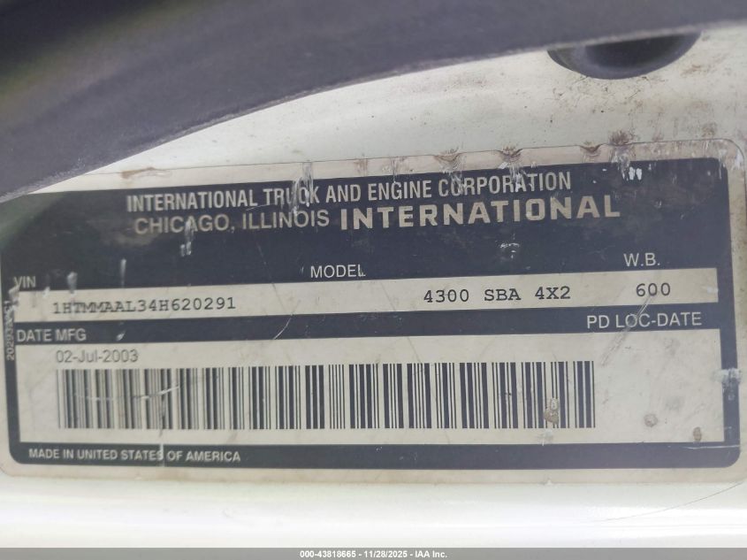 2004 International 4000 4300 VIN: 1HTMMAAL34H620291 Lot: 43818665