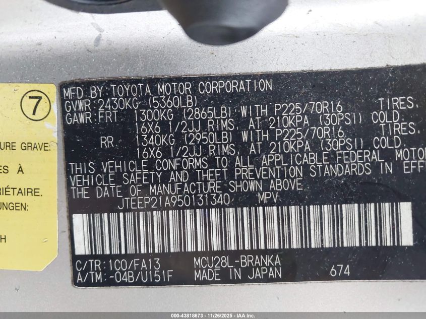 2005 Toyota Highlander V6 VIN: JTEEP21A950131340 Lot: 43818673