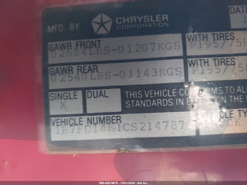 1982 Dodge D-Series D150 VIN: 1B7FD14E1CS214787 Lot: 43818679