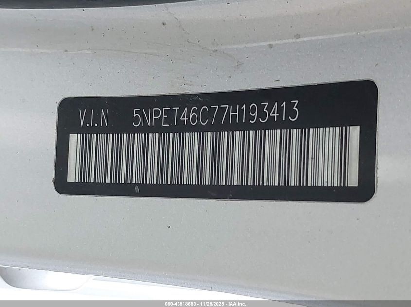 2007 Hyundai Sonata Gls VIN: 5NPET46C77H193413 Lot: 43818683