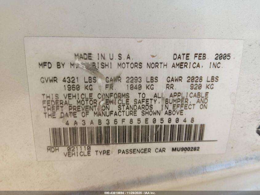 2005 Mitsubishi Galant Es/Se VIN: 4A3AB36F85E050048 Lot: 43818694