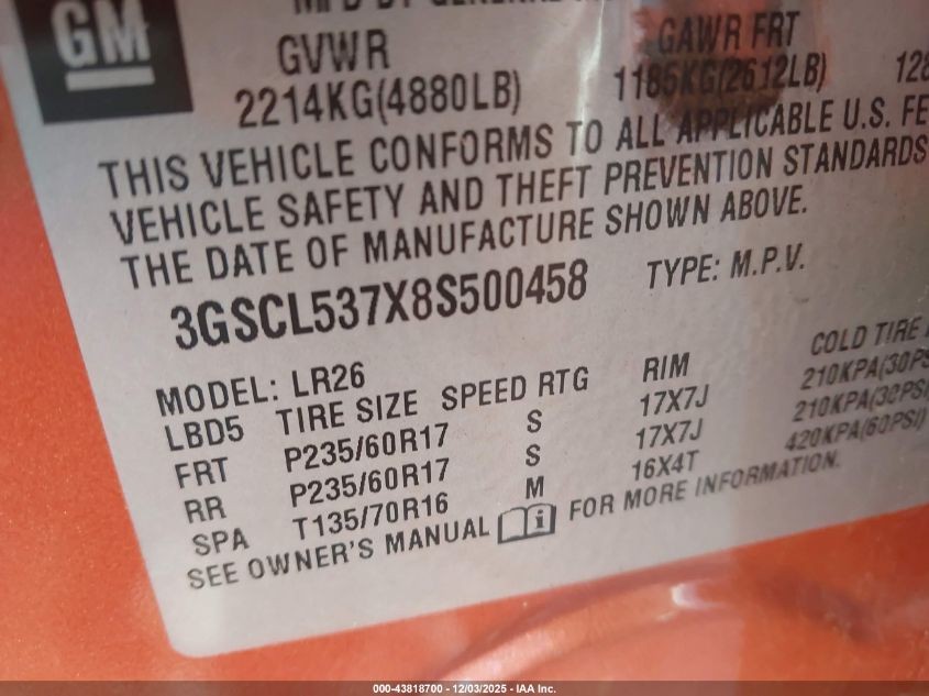 2008 Saturn Vue V6 Xr VIN: 3GSCL537X8S500458 Lot: 43818700