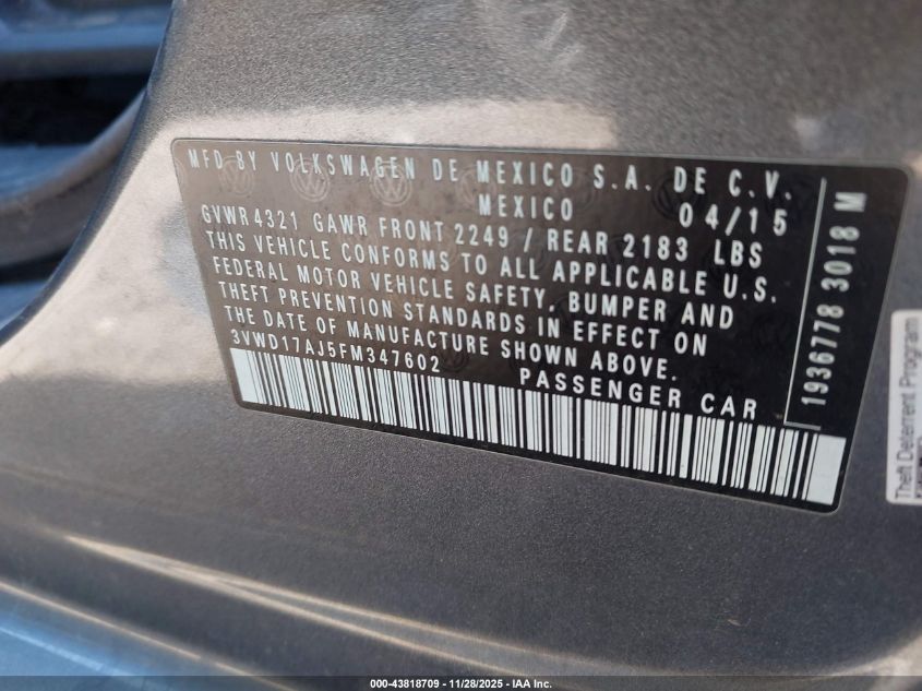 2015 Volkswagen Jetta 1.8T Se VIN: 3VWD17AJ5FM347602 Lot: 43818709