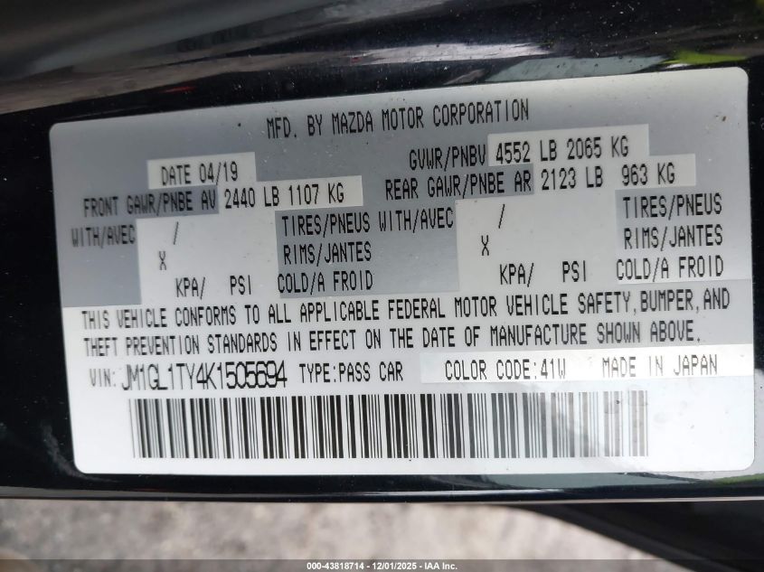 2019 Mazda Mazda6 Grand Touring VIN: JM1GL1TY4K1505694 Lot: 43818714