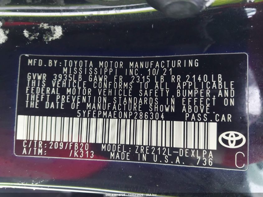 2022 Toyota Corolla Le VIN: 5YFEPMAE0NP286304 Lot: 43818725