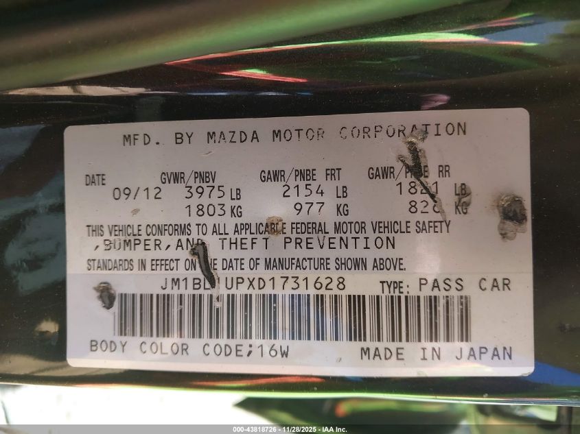 2013 Mazda Mazda3 I Sport VIN: JM1BL1UPXD1731628 Lot: 43818726