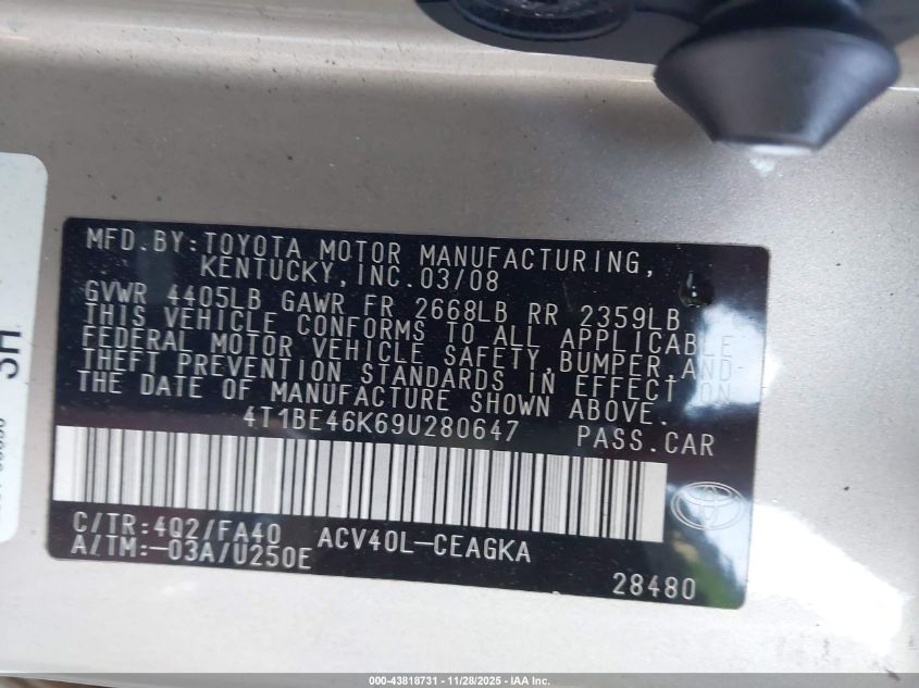 2009 Toyota Camry Xle VIN: 4T1BE46K69U280647 Lot: 43818731