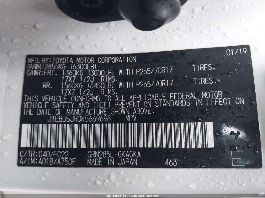 2019 Toyota 4Runner Trd Off Road VIN: JTEBU5JR0K5669698 Lot: 43818751