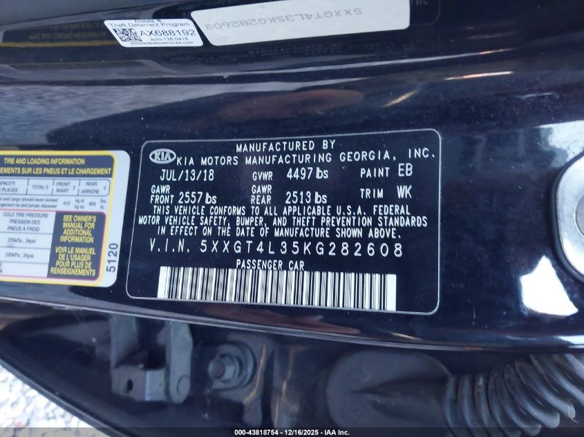 2019 Kia Optima Lx VIN: 5XXGT4L35KG282608 Lot: 43818754