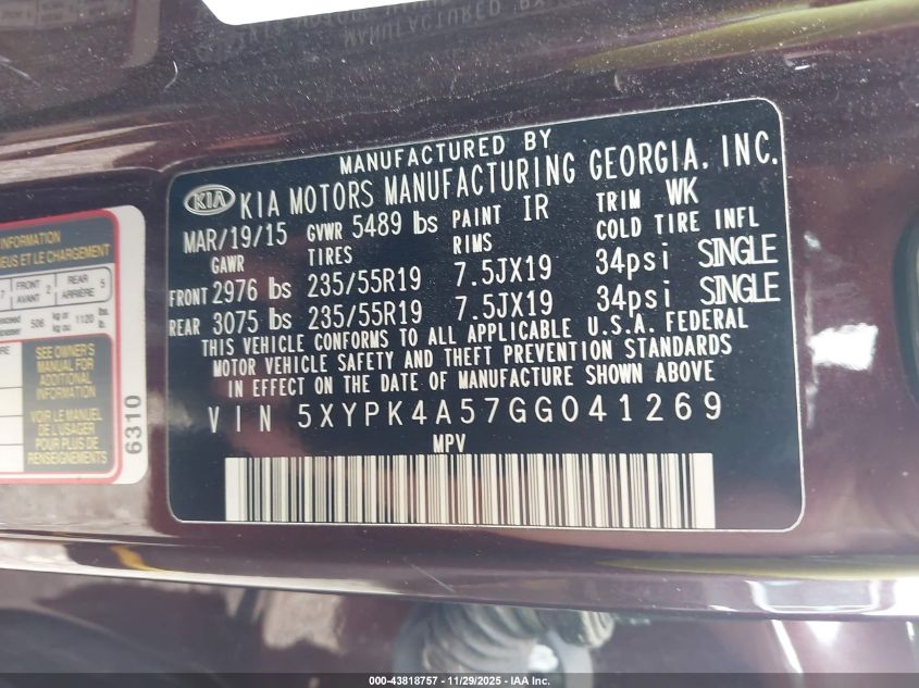 2016 Kia Sorento 3.3L Sx VIN: 5XYPK4A57GG041269 Lot: 43818757