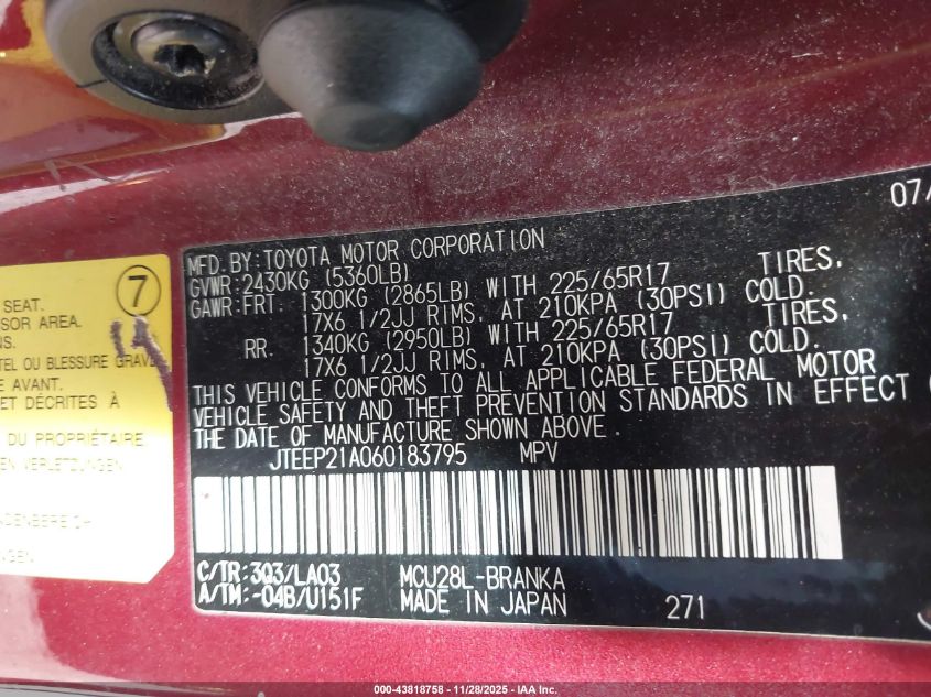 2006 Toyota Highlander Limited V6 VIN: JTEEP21A060183795 Lot: 43818758