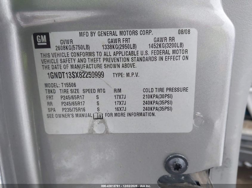 2008 Chevrolet Trailblazer Fleet VIN: 1GNDT13SX82259999 Lot: 43818761