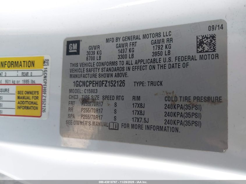 2015 Chevrolet Silverado 1500 Wt VIN: 1GCNCPEH0FZ152126 Lot: 43818767