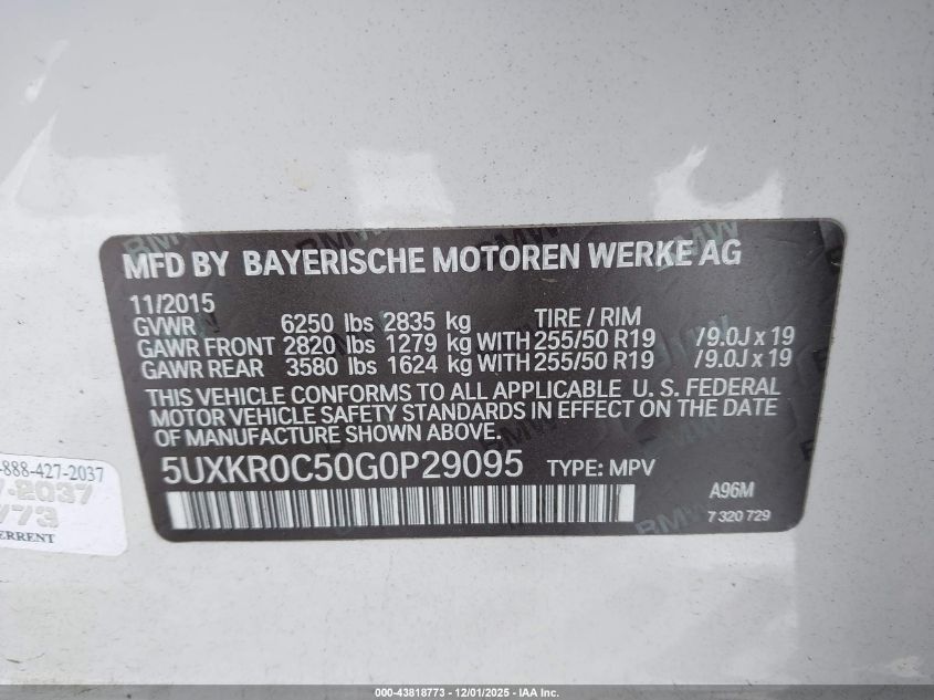 2016 BMW X5 xDrive35I VIN: 5UXKR0C50G0P29095 Lot: 43818773