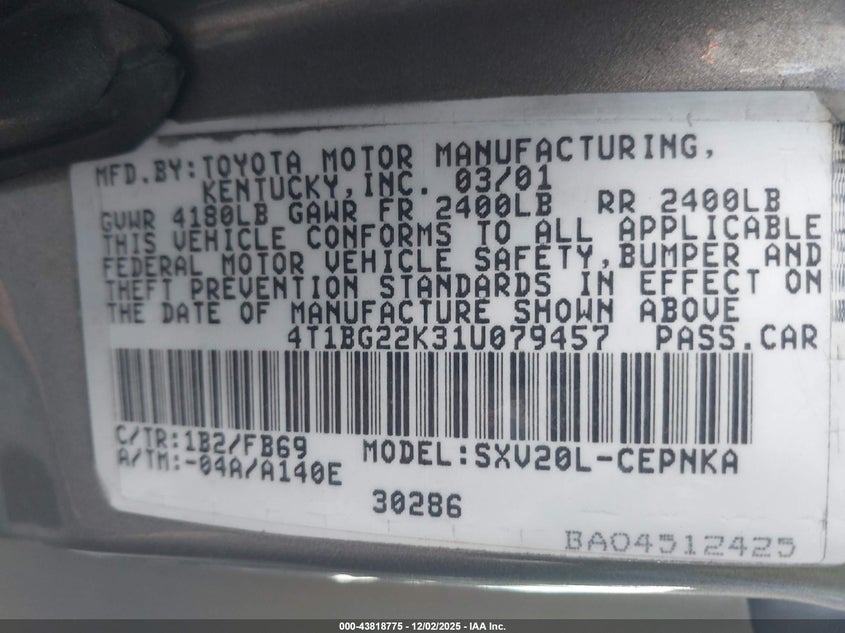 4T1BG22K31U079457 2001 TOYOTA CAMRY photo no. 9