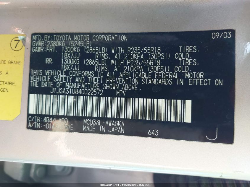 2004 Lexus Rx 330 VIN: JTJGA31U840022572 Lot: 43818791