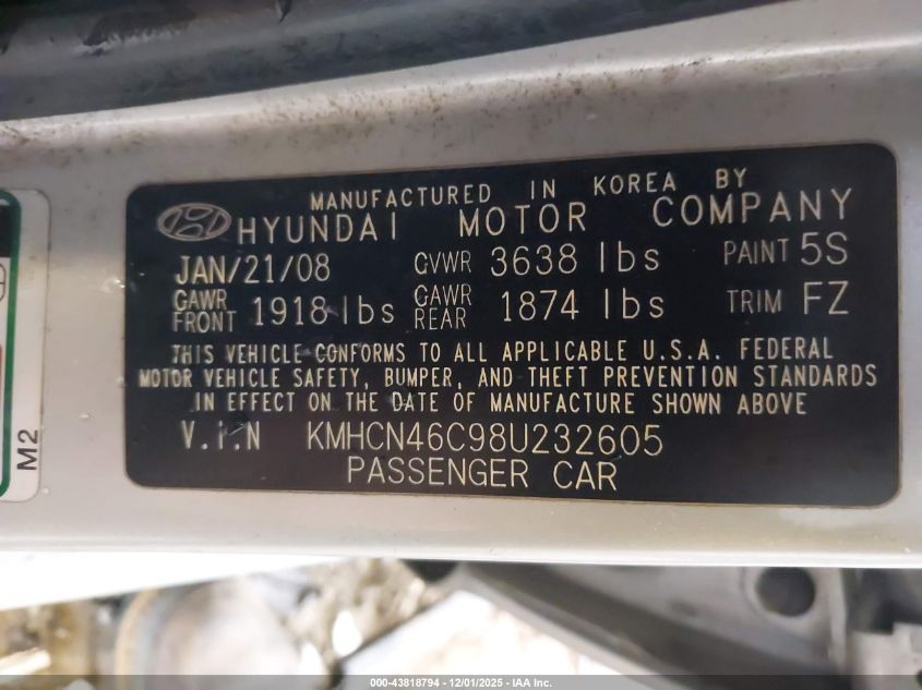 2008 Hyundai Accent Gls VIN: KMHCN46C98U232605 Lot: 43818794