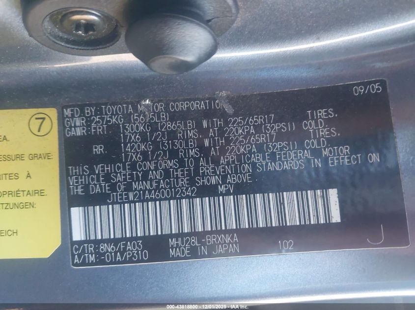 2006 Toyota Highlander Hybrid V6 VIN: JTEEW21A460012342 Lot: 43818800