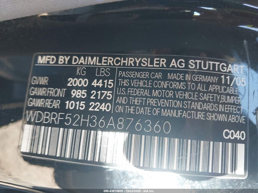 2006 Mercedes-Benz C 230 Sport VIN: WDBRF52H36A876360 Lot: 43818809