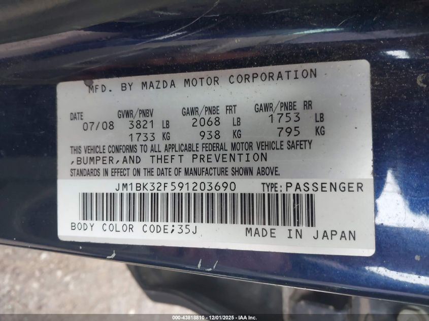 2009 Mazda Mazda3 I VIN: JM1BK32F591203690 Lot: 43818810