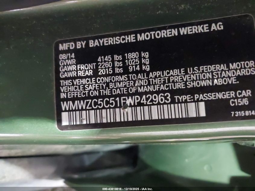 2015 Mini Countryman Cooper S VIN: WMWZC5C51FWP42963 Lot: 43818816