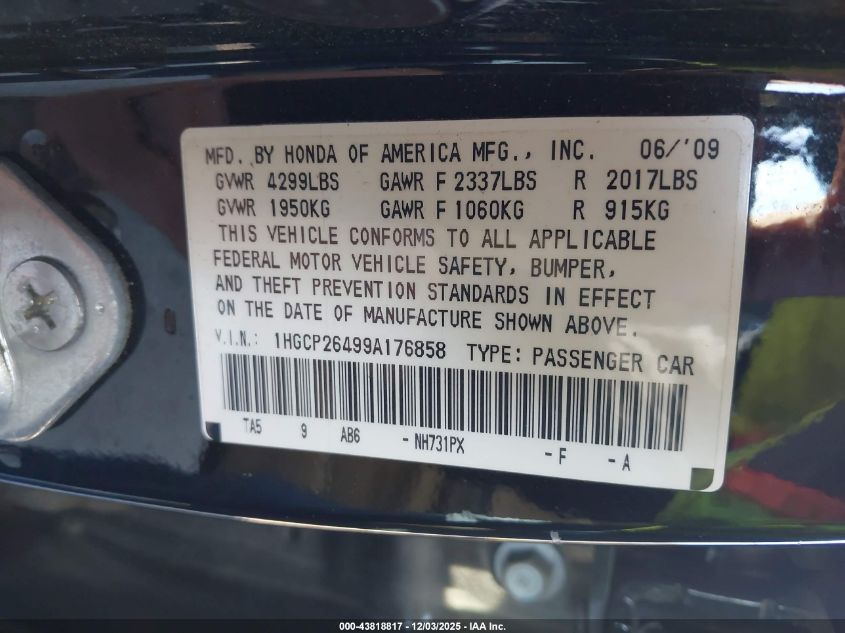 2009 Honda Accord 2.4 Lx-P VIN: 1HGCP26499A176858 Lot: 43818817