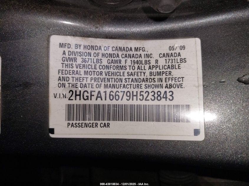 2009 Honda Civic Lx-S VIN: 2HGFA16679H523843 Lot: 43818834