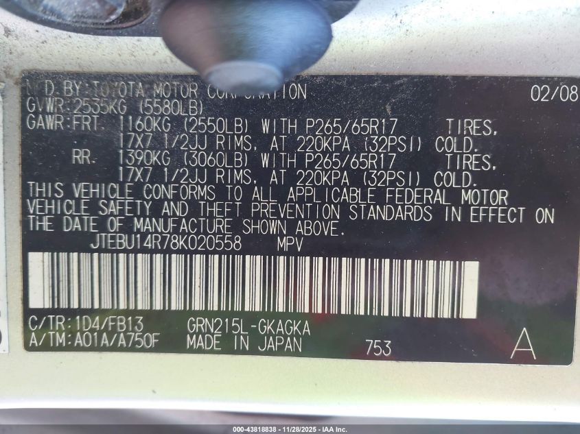 2008 Toyota 4Runner Sport V6 VIN: JTEBU14R78K020558 Lot: 43818838