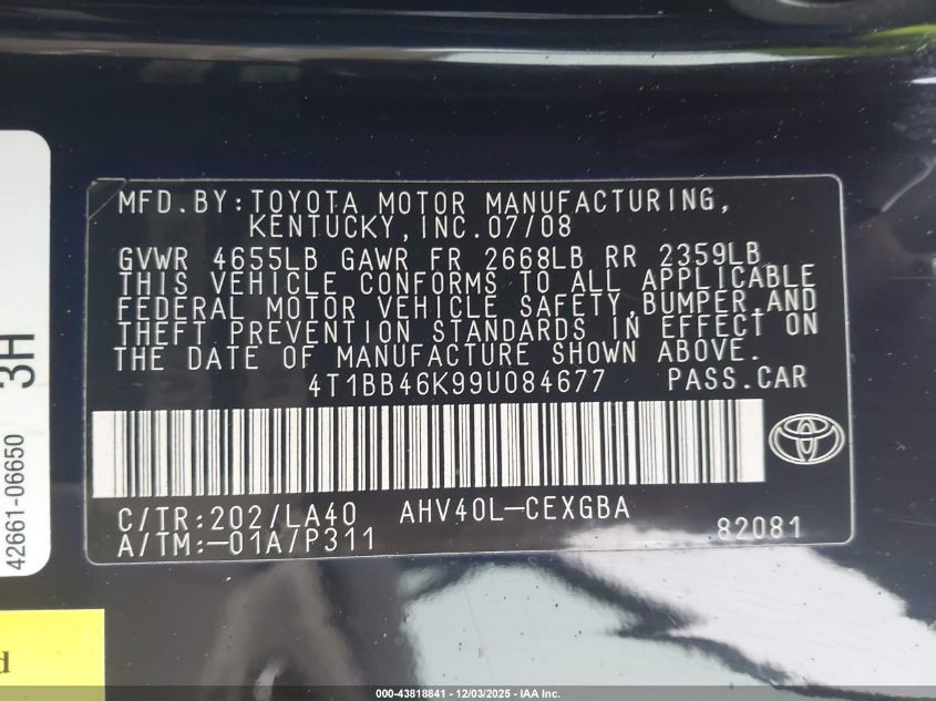 2009 Toyota Camry Hybrid VIN: 4T1BB46K99U084677 Lot: 43818841