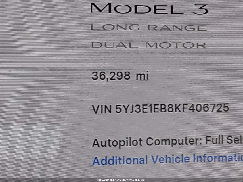 2019 Tesla Model 3 Long Range/Performance VIN: 5YJ3E1EB8KF406725 Lot: 43818847